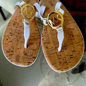 Michael Kors white sandals size 7 gold emblem cork bottom